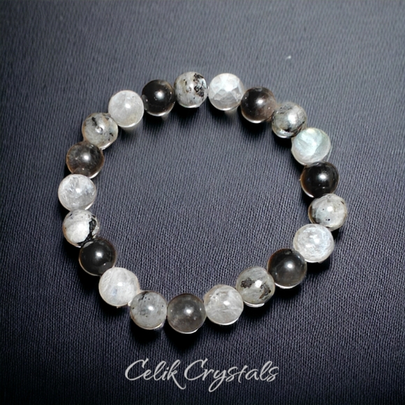 Gray Labradorite Black Labradorite & Silver Obsidian Bracelet 10mm Unisex - Picture 2 of 6